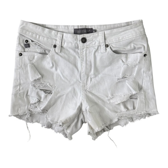 JUSTUSA Womens White Distressed Denim Jean Shorts Raw Hem Size Medium 28 - Picture 2 of 6